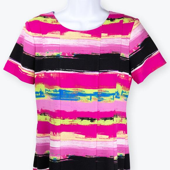 Tahari ASL Hot Pink Striped Scuba Pleated Fit-and-Flare Dress 4 - Picture 4 of 11